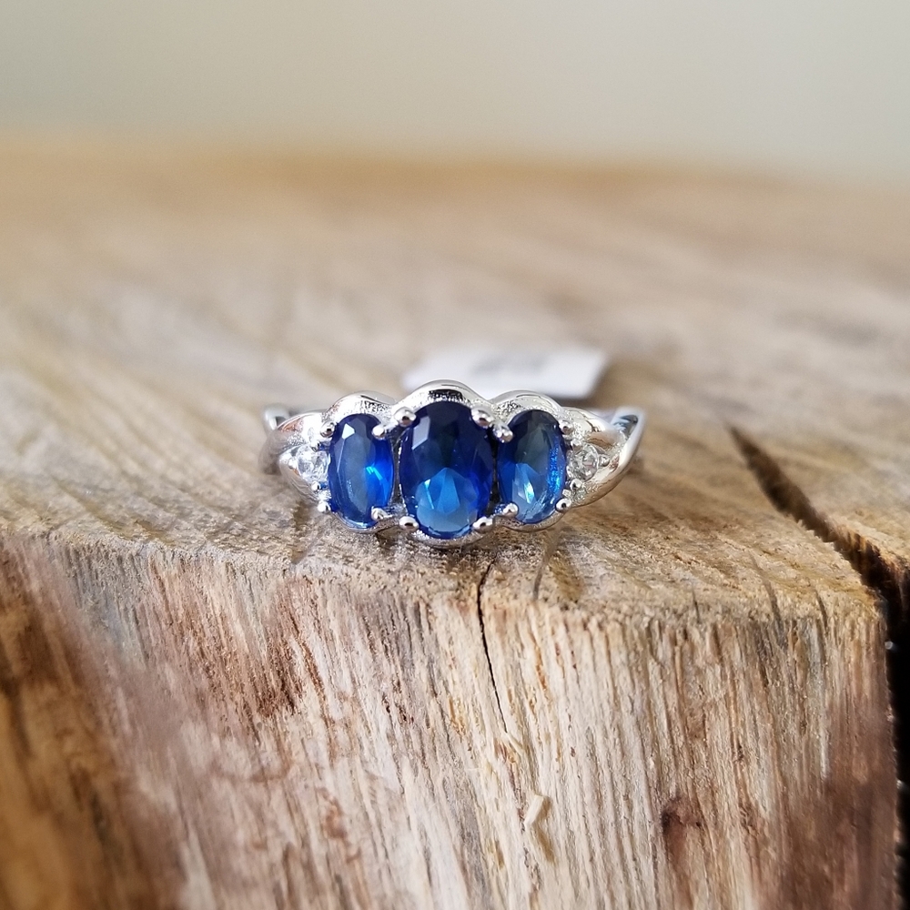Triple Sapphire Antique Style Sterling Silver Ring